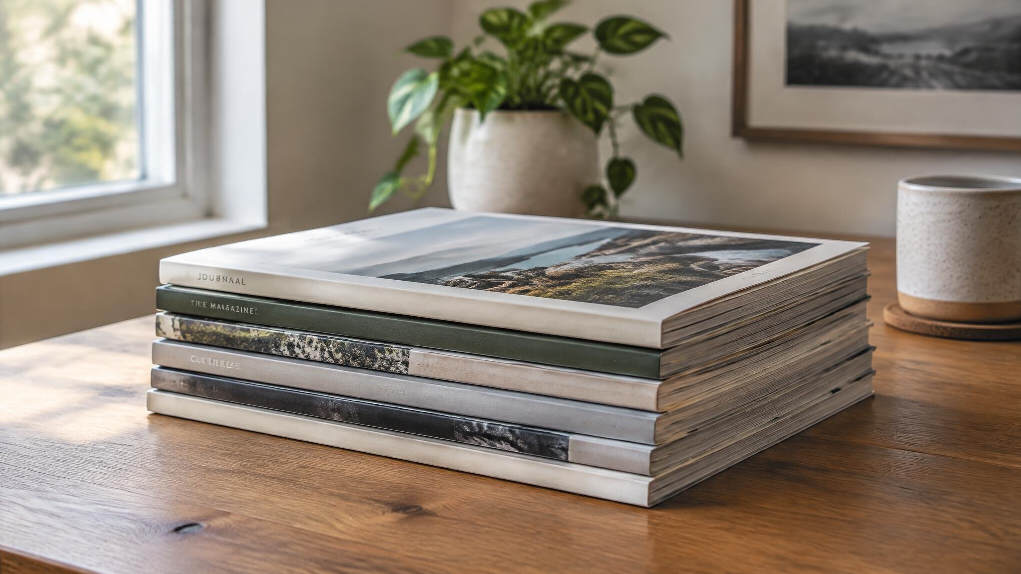 Stack of printed journals and magazines on a wooden table