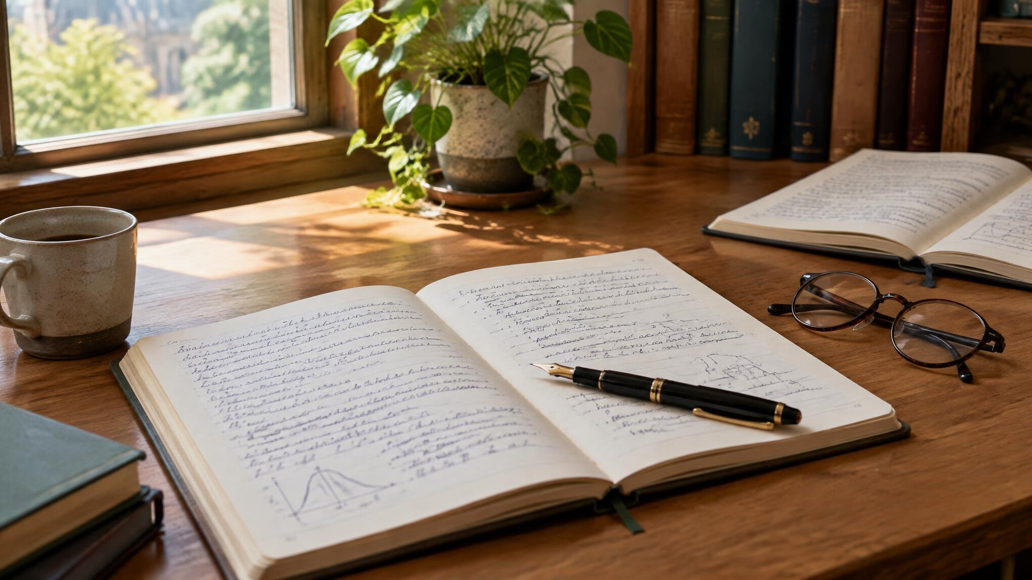 Research desk with open notebooks and reading glasses