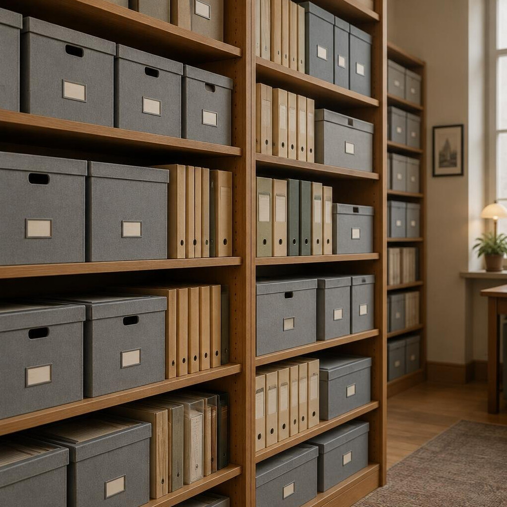 Rows of archival boxes and folders on wooden shelving