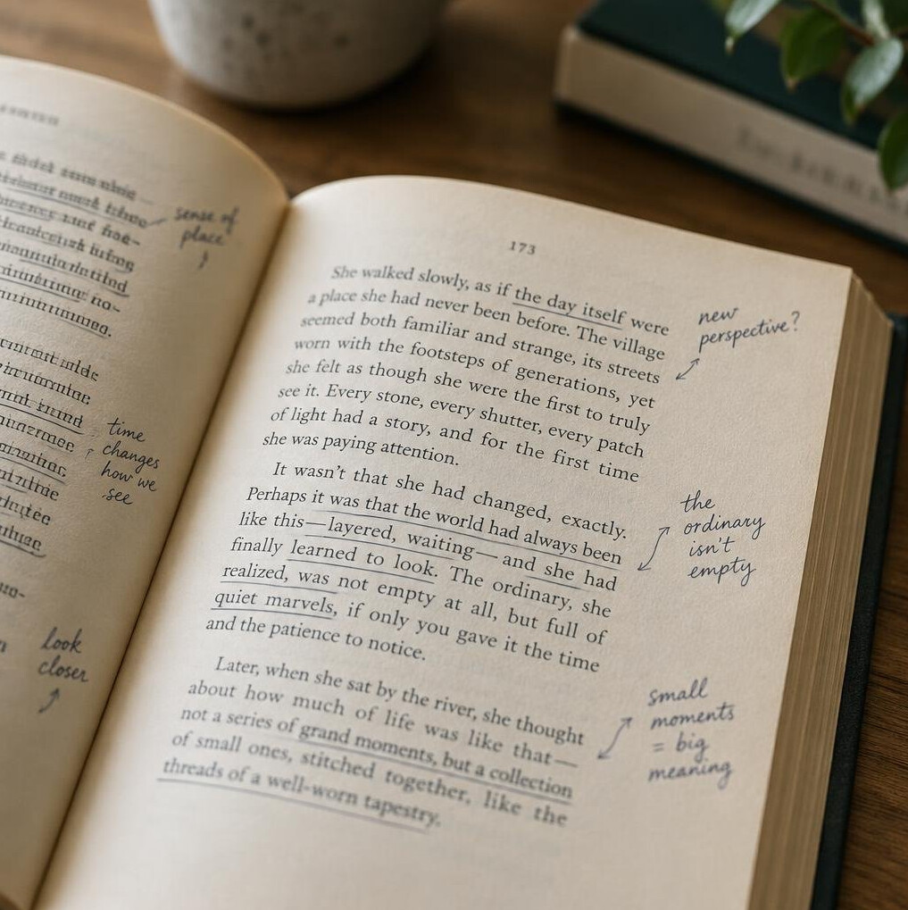 Open book with handwritten annotations in the margins