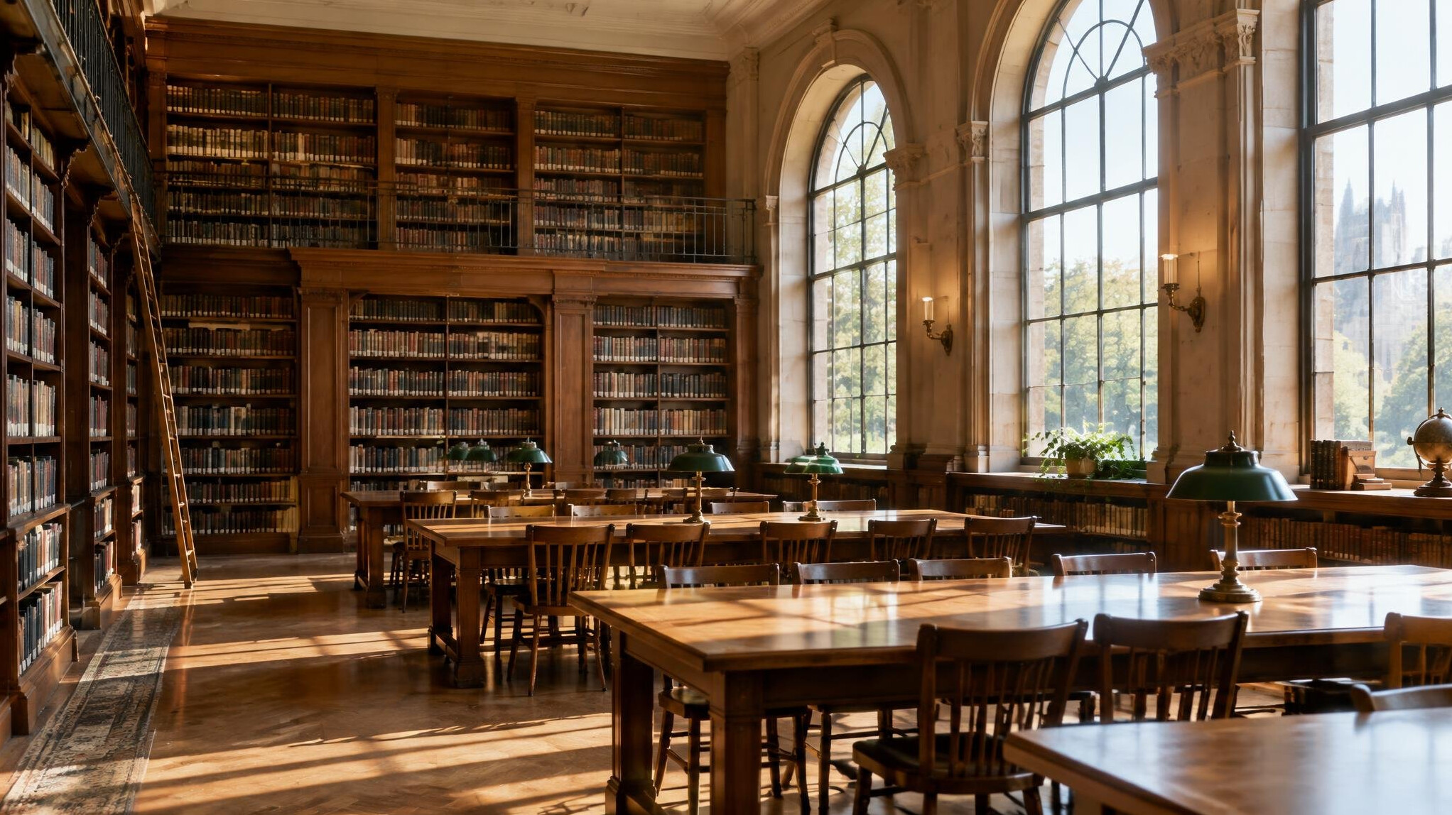 Empty library reading room with wooden shelves and soft light