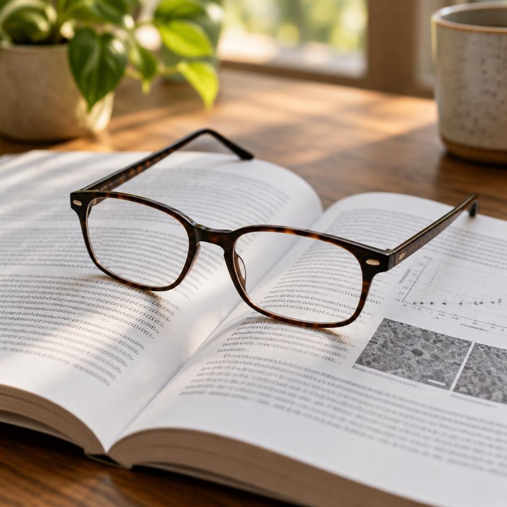 Reading glasses resting on an open research journal
