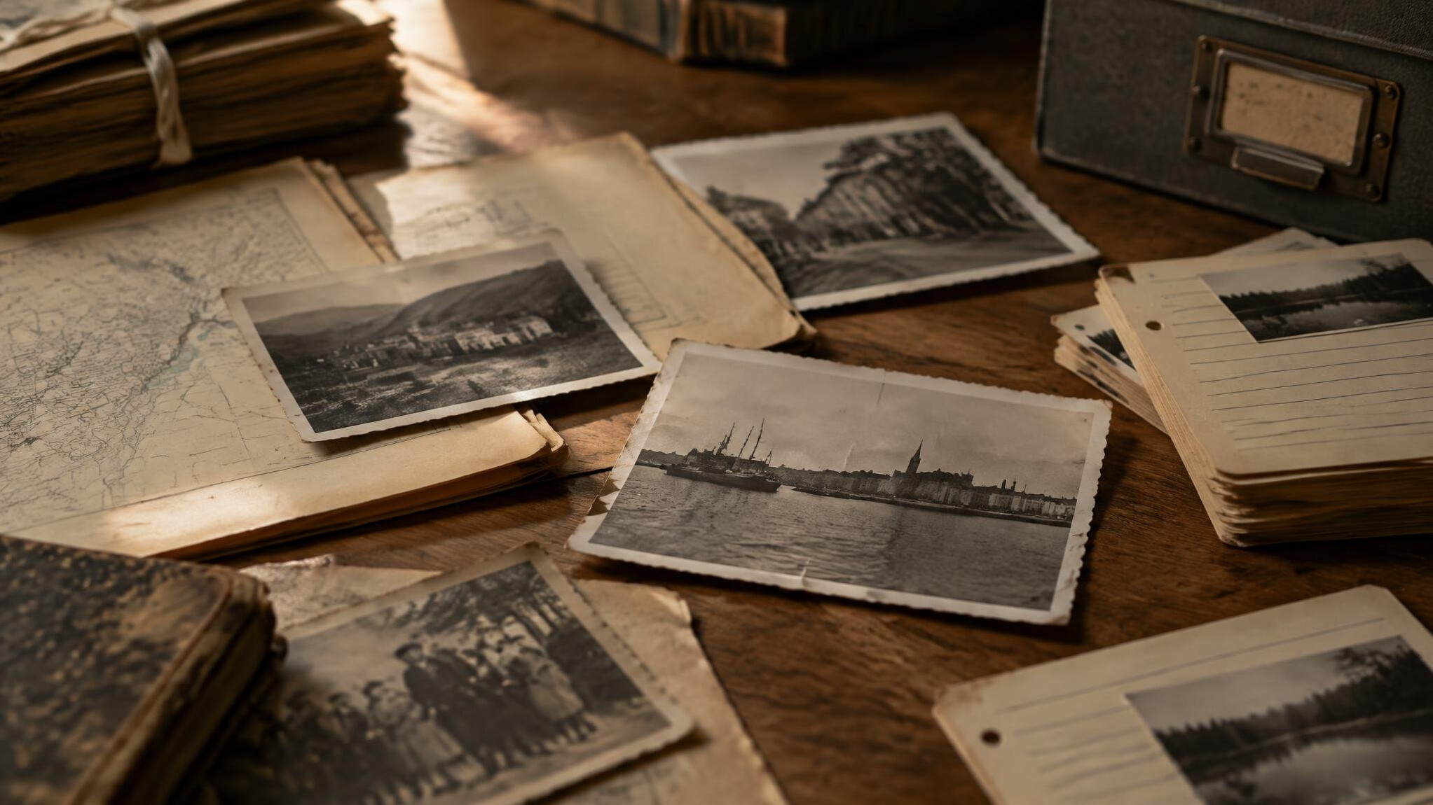 Archival documents and old photographs scattered on a wooden table