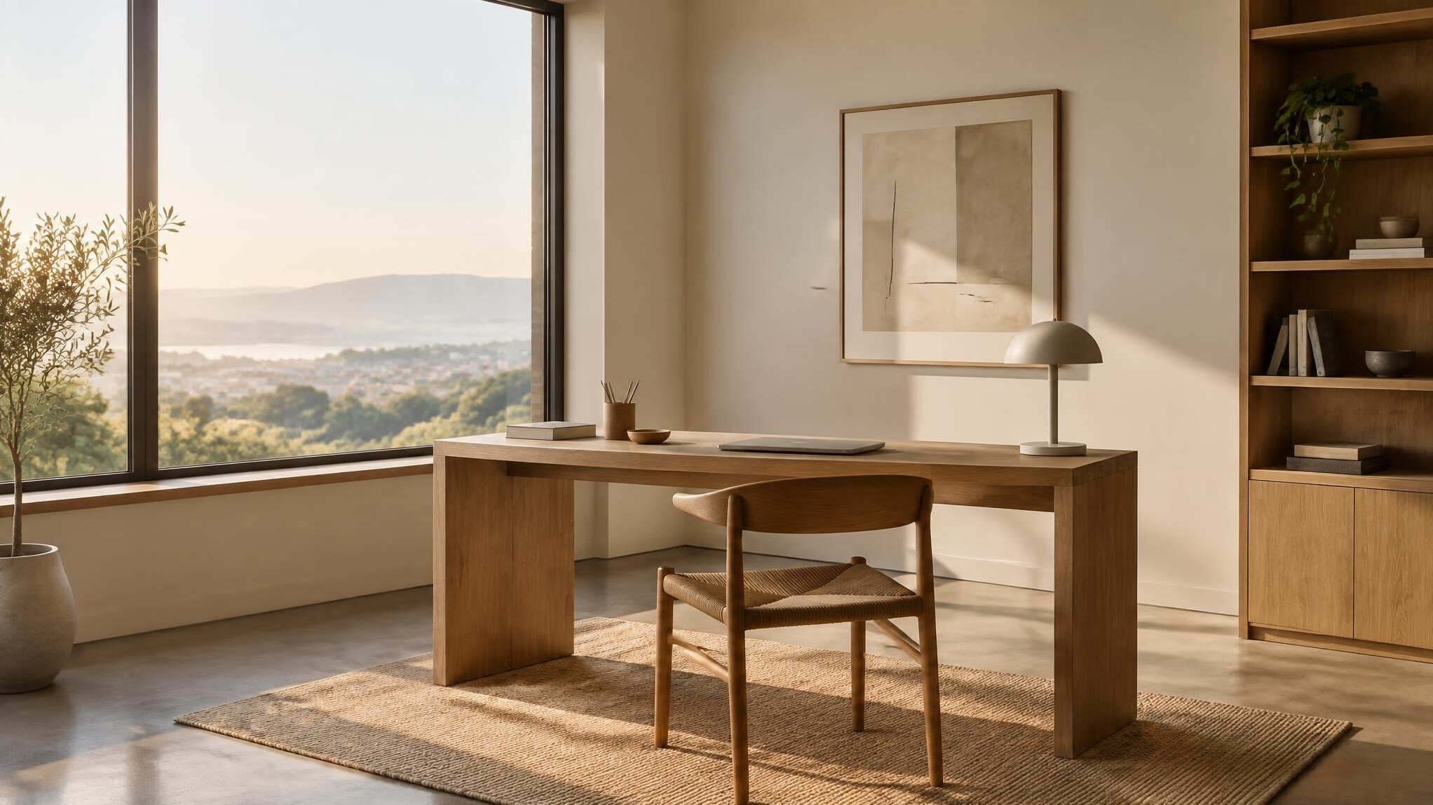 Minimalist office interior with a large window and warm light