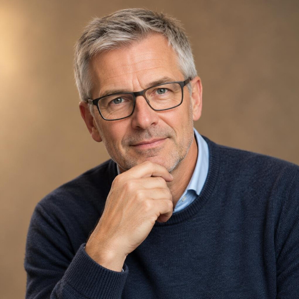 Studio portrait of a European man in his fifties with glasses, sociologist